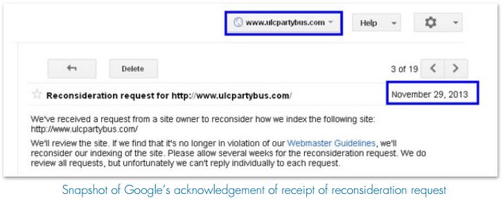 Snapshot of Google’s acknowledgement of receipt of reconsideration request