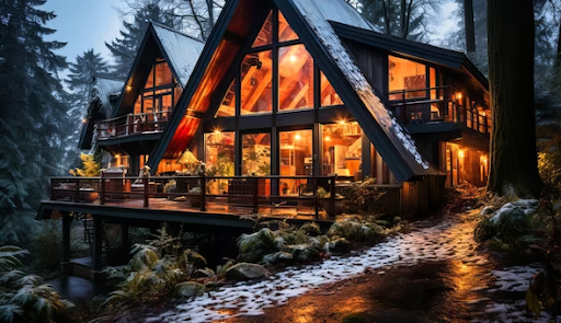 cozy cabin nestled in a snowy forest