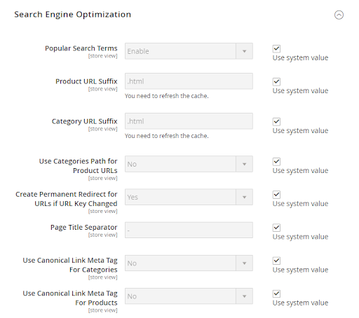 Catalog’ section and open the ‘Search Engine Optimization’ section